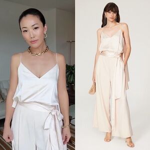OBANDO Satin Draped Asymmetric‎ Cape Sleeveless High Rise Wide Leg Jumpsuit 8